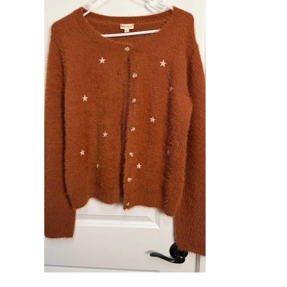 Hem & Thread Rust Orange Fuzzy Eyelash Knit Star Embroidered Cardigan‎ Sweater M